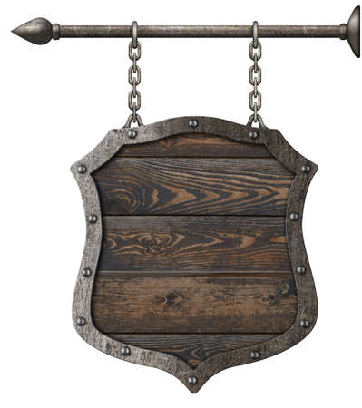 old wood sign shield with chains 3d illustrationの写真素材