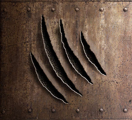claw marks on rusty metal armor with rivets 3d illustrationの写真素材