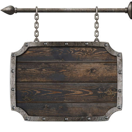 old wood medieval sign with chains 3d illustrationの写真素材