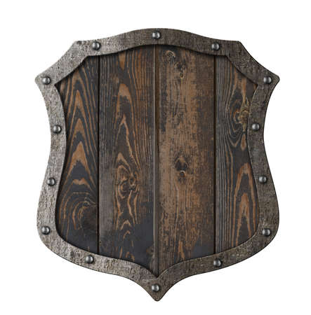Wooden medieval heraldic shield isolated 3d illustrationの写真素材