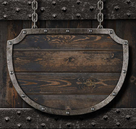 Medieval sign on wood background 3d illustrationの写真素材