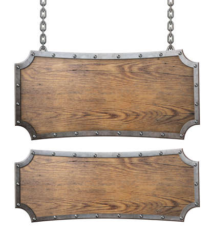 Medieval wood signs set with chain 3d illustrationの写真素材