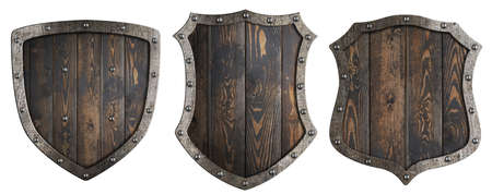 Wooden medieval heraldic shields set isolated 3d illustrationの写真素材