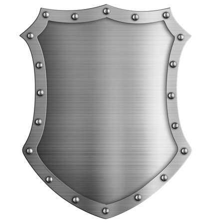 Metal medieval tall shield or coat of arms isolated on whiteの写真素材