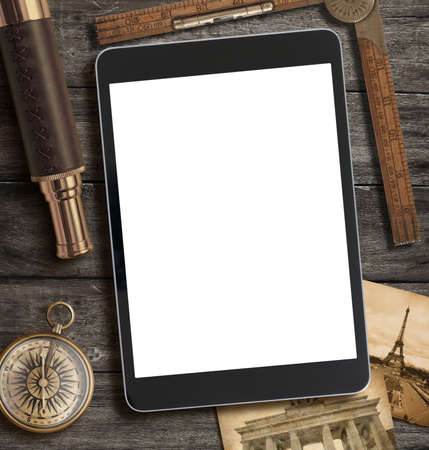 Adventure, exploration and travel concept with modern tablet PCの写真素材