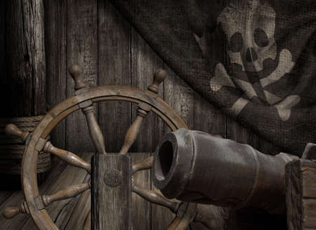 Pirates ship deck with old jolly roger flag 3d illustrationの写真素材