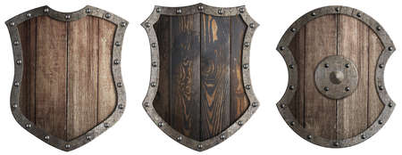Set of wooden shields isolated 3d illustration
