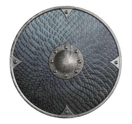 Round rustic metal shield covered by scales isolated 3d illustrationの写真素材