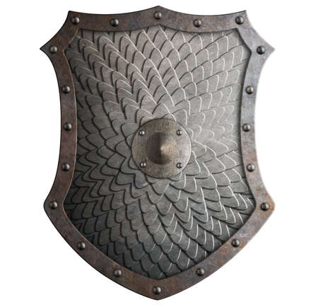 Rustic metal shield covered by scales isolated 3d illustrationの写真素材