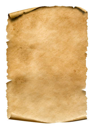 Old worn paper sheet with dirty spots isolated on whiteの写真素材