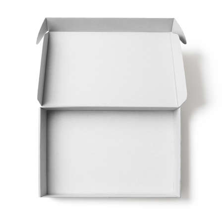 Open white cardboard box top view isolated with no shadows clipping path includedの写真素材