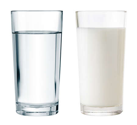 water and milk glasses isolated with clipping path includedの写真素材