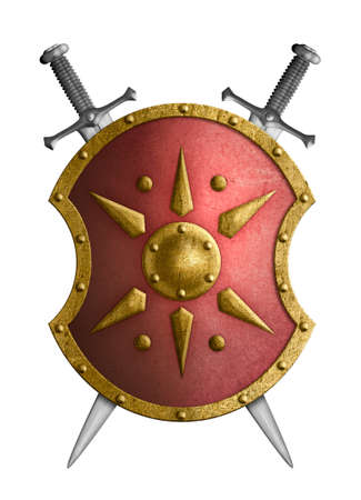 metal red shield with golden star and crossed swords isolated 3d illustrationの写真素材