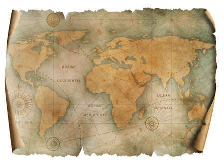 Vintage world map parchment isolated on whiteの写真素材