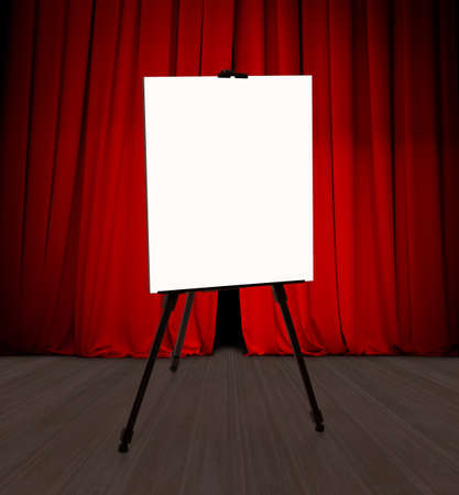 Blank presentation flipchart standing in front of red curtain 3d illustrationの写真素材