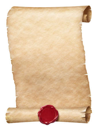 Ancient parchment scroll with wax seal isolated on whiteの写真素材
