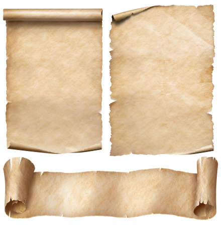 Old paper or parchment scrolls set isolated on whiteの写真素材
