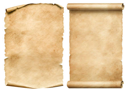 Old worn paper sheet and scroll isolated on whiteの写真素材