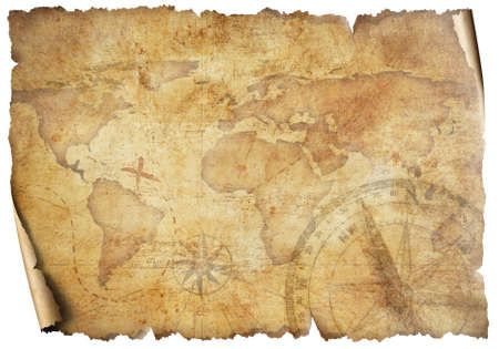 Vintage old travel world map isolated on whiteの写真素材