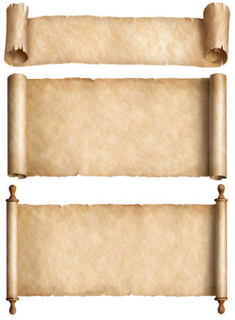 parchment scrolls or old papers set isolated on whiteの写真素材