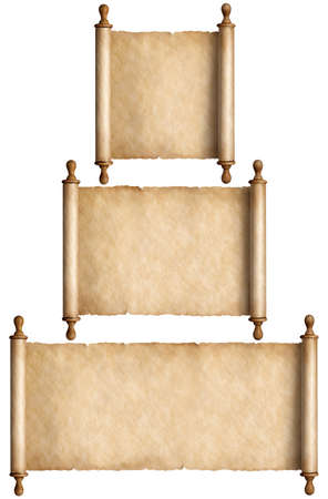 parchment scrolls or old papers of various sizes isolated on whiteの写真素材