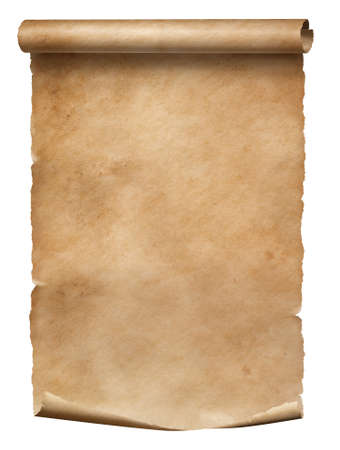 Old worn paper scroll isolated on white with dirty spotsの写真素材