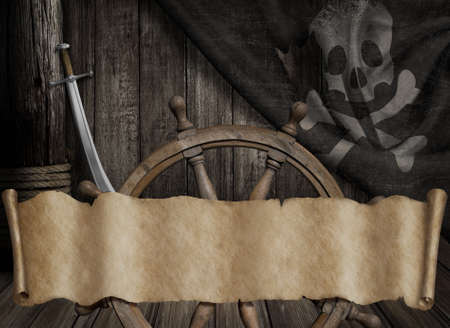 Pirates ship deck with old jolly roger flag and paper scroll bannerの写真素材