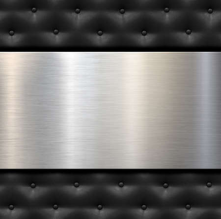 Metal plate over black leather with buttons background 3d illustrationの写真素材