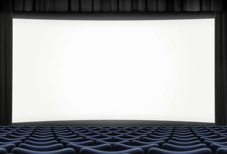 cinema big screen with black curtain frame and blue seats 3d illustrationの写真素材