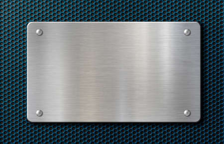 metal plaque or plate with rivets over blue background 3d illustrationの写真素材