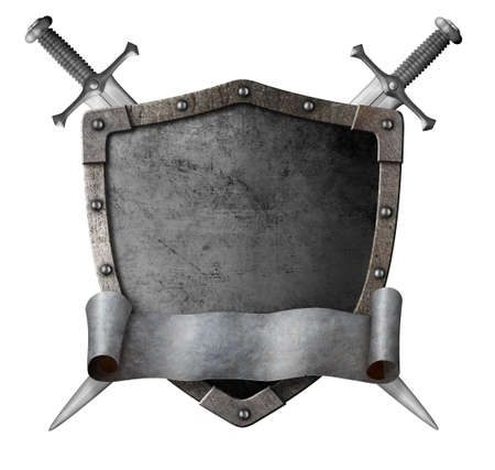 Metal classical shield with crossed swords and motto scroll isolated 3d illustrationの写真素材