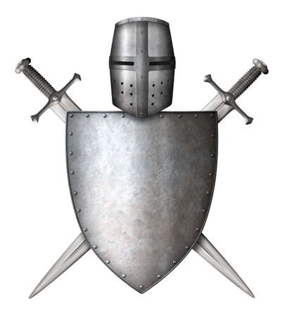 medieval knight shield, helmet and crossed swords isolated 3d illustrationの写真素材