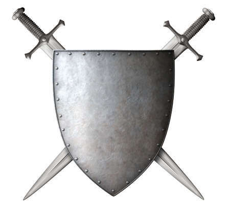 medieval knight shield and crossed swords isolated 3d illustrationの写真素材
