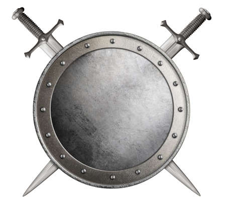 medieval round shield and crossed swords isolated 3d illustrationの写真素材