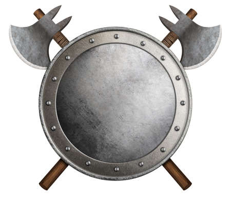 medieval round shield and crossed axes isolated 3d illustrationの写真素材