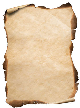 old vertical paper or map with burnt and curved edges isolatedの写真素材