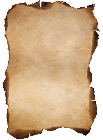 old vertical paper or map with burnt and curved edges isolated on whiteの写真素材