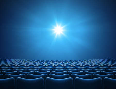 Empty blue cinema auditorium with bright ray 3d illustrationの写真素材