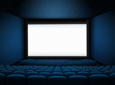 cinema hall with big screen and blue seats 3d illustrationの写真素材