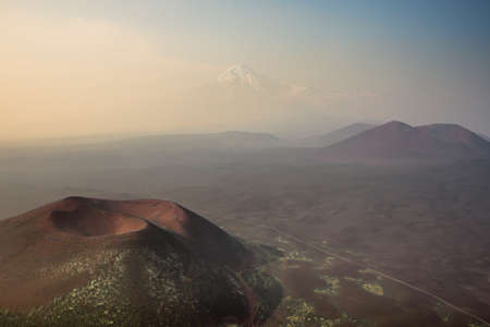 Misty view from Gorshkov cone to Tolbachik volcanoの写真素材
