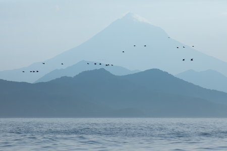 Abstract blue mountains and sea natural background with birds silhouettesの写真素材
