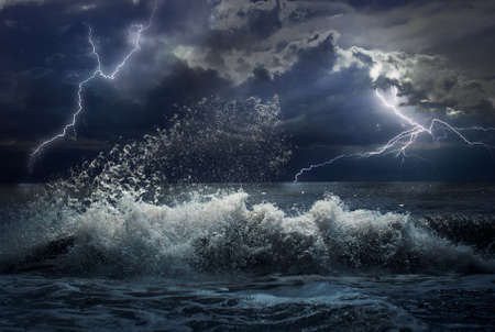 Storm in ocean with lightingsの写真素材