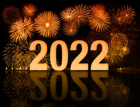 2022 new year digits in front of fireworksの写真素材