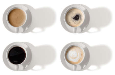 Top view of various coffee cups with shadows isolated on whiteの写真素材
