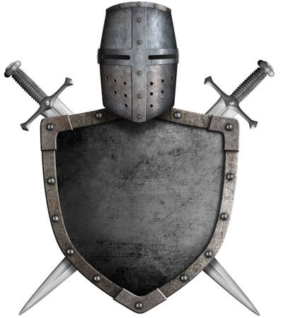 medieval knight shield, helmet and crossed swords isolated 3d illustrationの写真素材