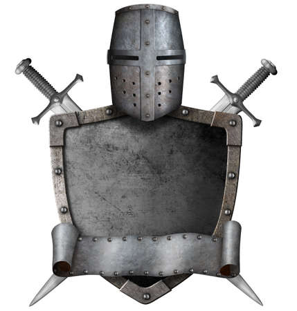 medieval knight shield, helmet and crossed swords isolated 3d illustrationの写真素材