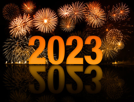 2023 new year digits in front of fireworksの写真素材