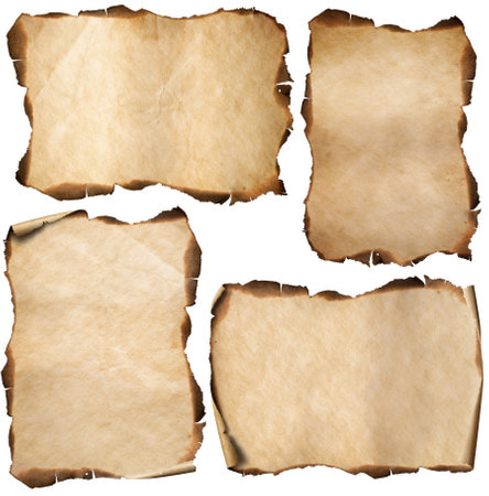 old paper or map pieces with burnt curved edges isolatedの写真素材