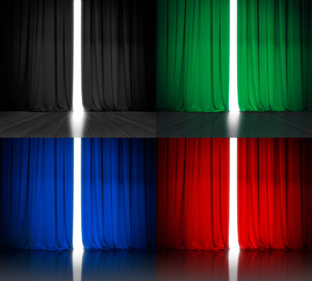 Theater curtains set red, blue, green and blackの写真素材