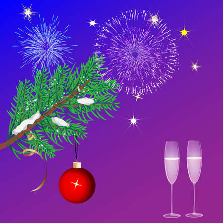 Christmas blue background with glasses, fireworks and a Christmas treeのイラスト素材